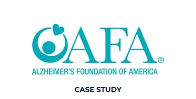 Logo of the Alzheimer’s Foundation of America featuring a heart and circular design, with the text “AFA Alzheimer’s Foundation of America.” The words "CASE STUDY" appear below, highlighting their virtual helpline for support.