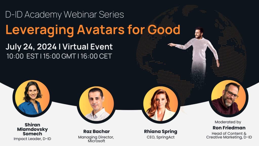 Webinar banner for "Leveraging Avatars for Good" featuring event details, a digital avatar graphic, and headshots of four speakers with their names and titles—perfect for promoting this impactful webinar.