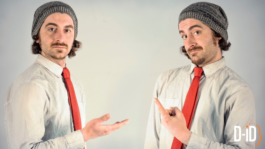 Two men with similar appearances, both wearing gray knit beanies, light shirts, and red ties, gesture towards each other against a plain background—an illustration of digital twin technology. D-ID logo in the bottom right corner.