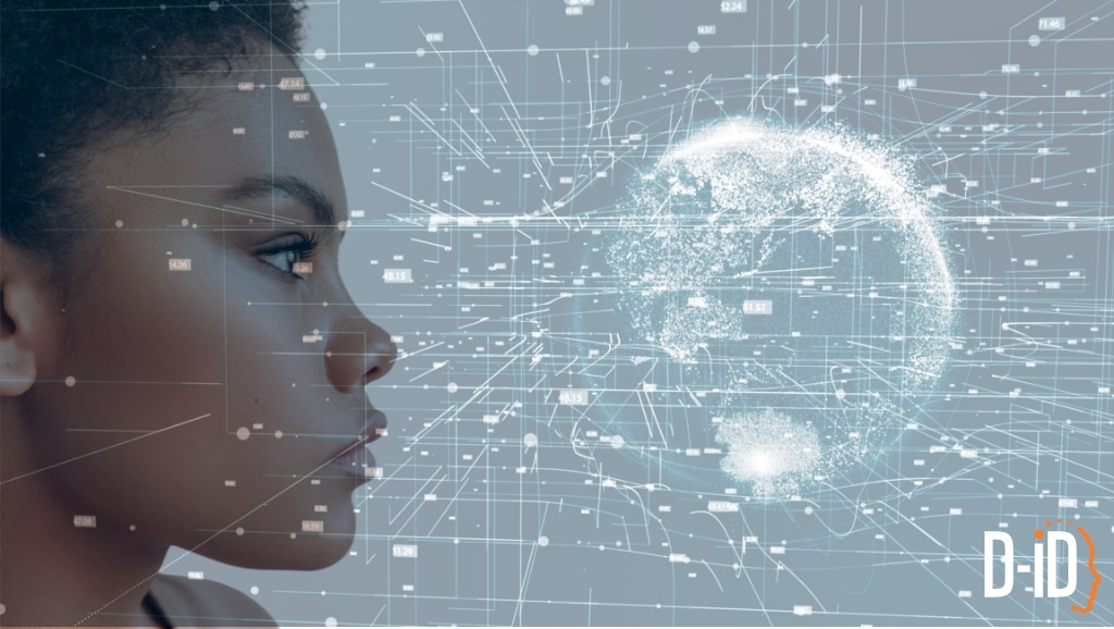 A woman in profile gazes at a digital globe of interconnected network lines and data points, illustrating agentic AI architecture, with the D-ID logo in the bottom right corner.