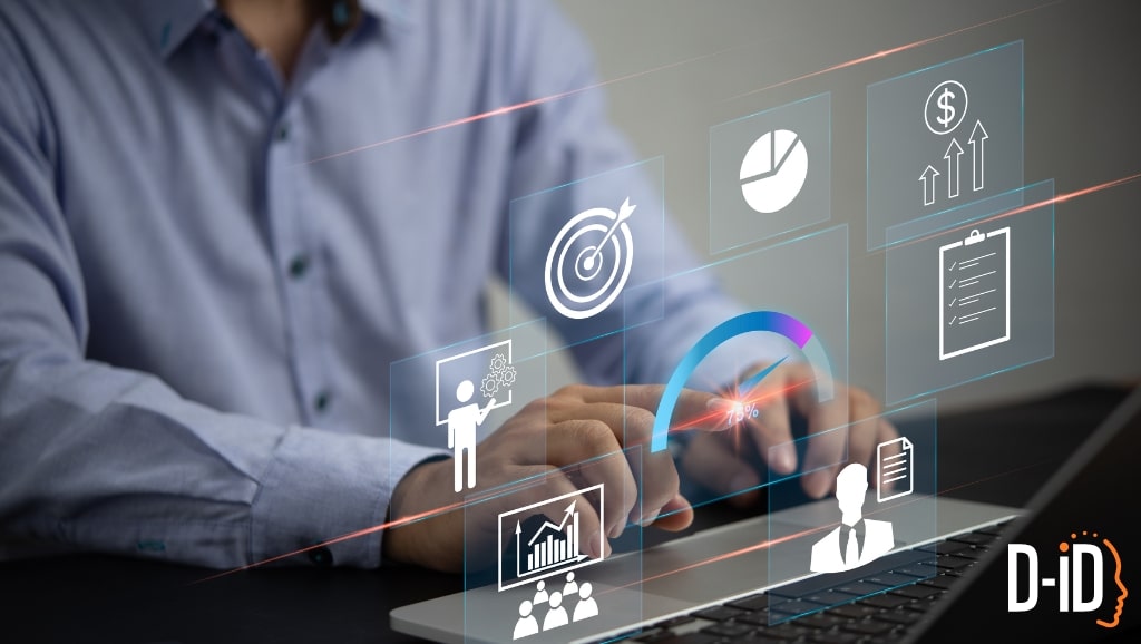 Person using a laptop with digital business icons, including charts, graphs, target, checklist, and profile, displayed as transparent overlays—illustrating the power of a multi agent AI framework for seamless task management.