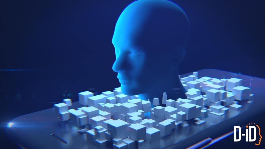 A blue digital human head hovers above a smartphone with white 3D cubes on its surface, representing an AI Avatar Chatbot, set against a dark blue background with the D-ID logo in the corner.