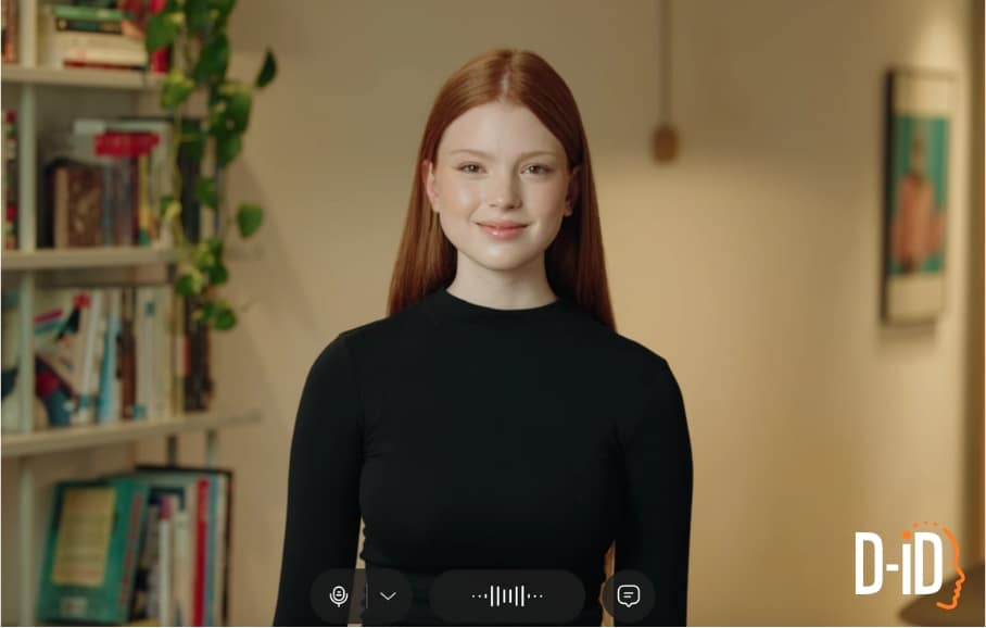 A young woman with straight red hair, wearing a black top, stands indoors with bookshelves and a hanging light in the background. The D-ID logo in the bottom right highlights AI in video marketing and Personalized Video Generation.