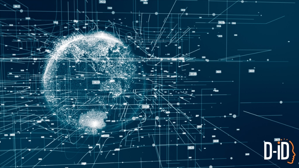 Digital rendering of a globe surrounded by interconnected data points and lines on a blue background, highlighting multimodal ai, with the D-ID logo in the bottom right corner.