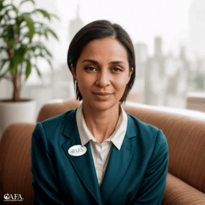 A woman in a teal blazer with a name badge sits on a sofa in an office, representing the afa virtual assistant, with a plant and cityscape visible in the background.