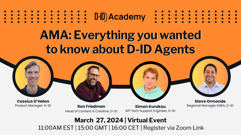 Promotional banner for the D-ID Academy AMA webinar: Ask us about agents! Featuring four speakers, event details, and registration info.
