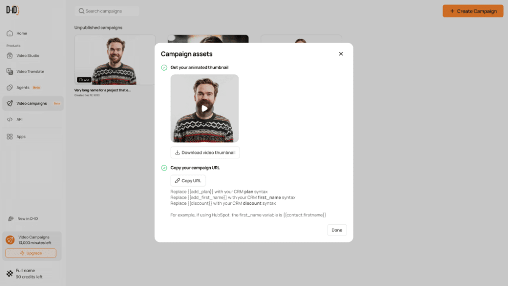 animated GIF for Blog A campaign assets popup displays a video thumbnail of a man in a patterned sweater, campaign URL options, and buttons to download, copy, or close the popup.