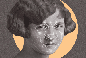 A black-and-white portrait of a woman with short hair, overlaid with geometric facial recognition lines and a yellow circle in the background.