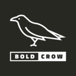 A minimalist white outline of a crow stands above the words "BOLD CROW" in uppercase, divided by contrasting black and white rectangular backgrounds, evoking the clarity of an AFA virtual assistant or Alzheimer's Foundation Helpline.