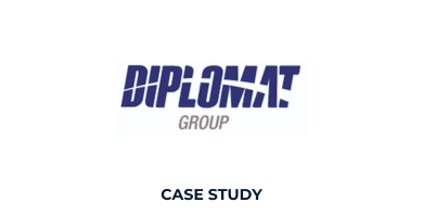 Diplomat Group logo in blue with the words "Diplomat Group" above the text "Case Study Diplomat Group Transforms Training" on a white background.