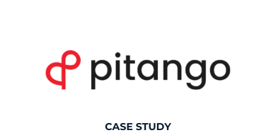 Logo for Pitango featuring a red abstract symbol followed by the word "pitango" in black lowercase letters. The phrase "CASE STUDY" appears below the logo, highlighting a Case Study Pitango Avatar or newsletters project.