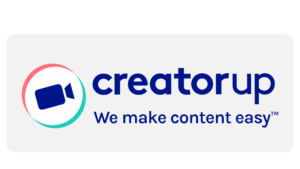 Logo for CreatorUp featuring a stylized video camera icon in a circle and the text "creatorup We make content easy™" on a white background.
