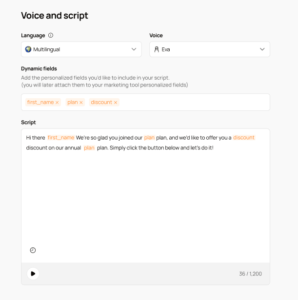 dynamic fields for blog A user interface for customizing a script, showing options for language, voice, dynamic fields, and a sample marketing message with highlighted variable fields.