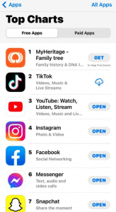Screenshot showing the top free apps chart on the App Store, listing MyHeritage, TikTok, YouTube, Instagram, Facebook, Messenger, and Snapchat.