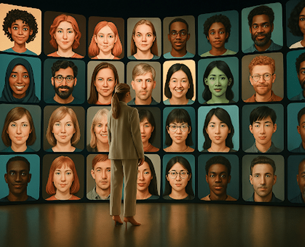 A person stands in front of a large digital screen displaying a grid of diverse faces, each appearing in a separate square.