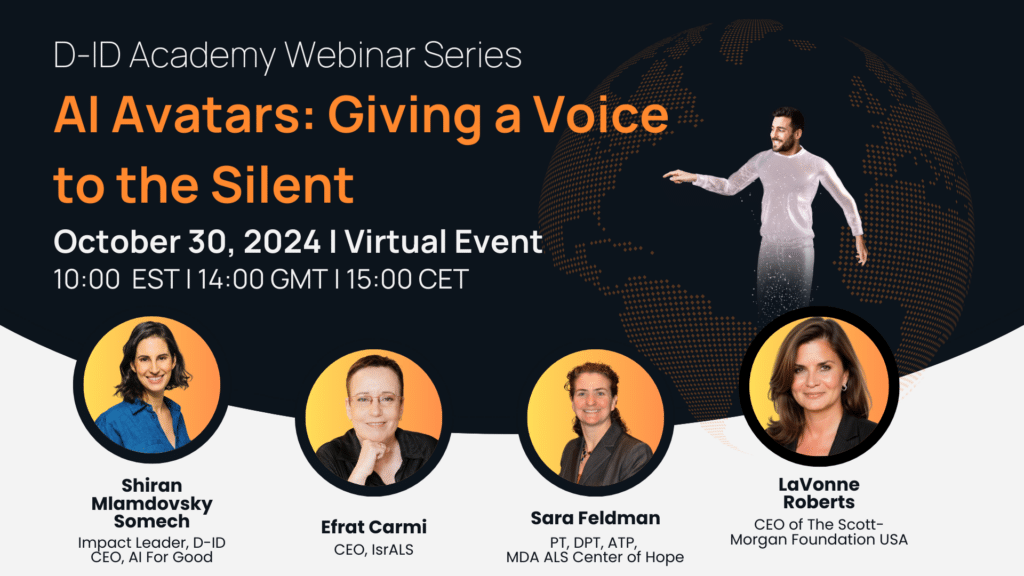 Webinar promo image highlights event details for "AI Avatars: Giving a Voice to the Silent," featuring photos of four speakers and a digital avatar on the right. Join this insightful webinar to explore the power of AI Avatars.