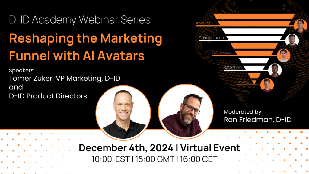 Promotional image for a D-ID Academy webinar on reshaping the marketing funnel with AI avatars, featuring event details, speaker photos, and a funnel graphic. Event date: December 4th, 2024.