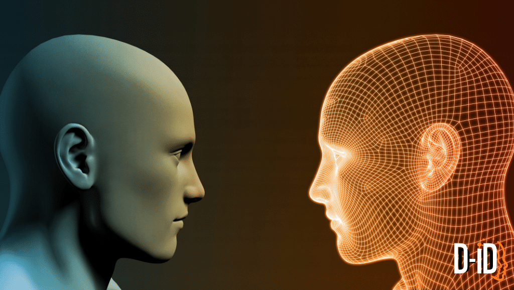A realistic human face on the left faces a glowing wireframe head on the right, symbolizing a digital avatar maker, with the text "D-ID" in the lower right corner.