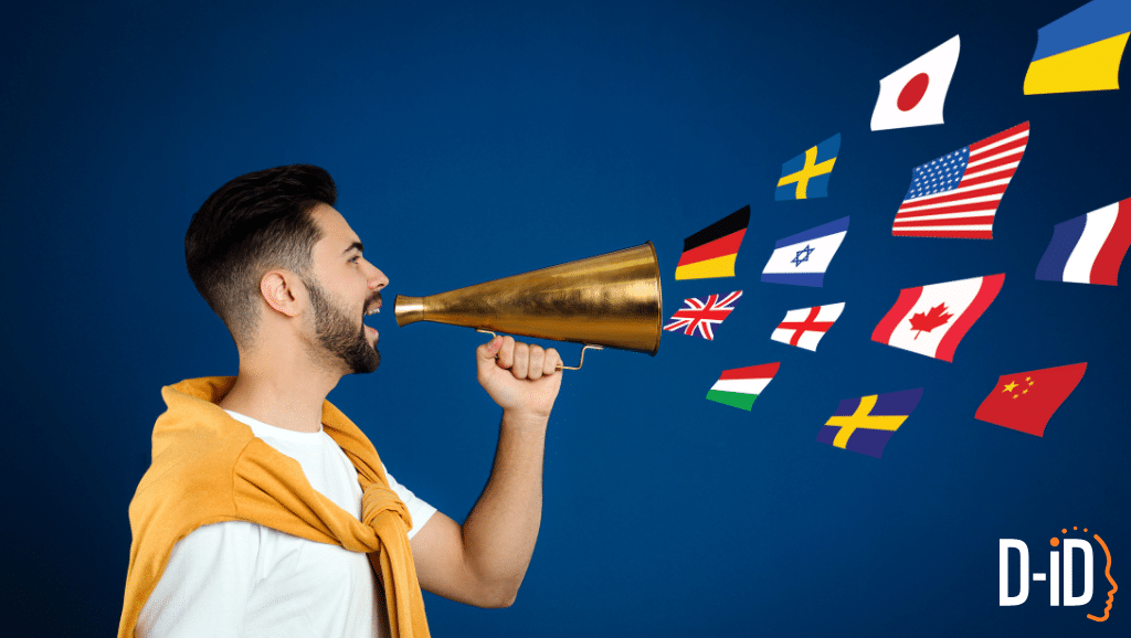 A man speaks into a gold megaphone with various country flags emerging, symbolizing ai video translation and multilingual communication, on a blue background with a D-ID logo in the corner.