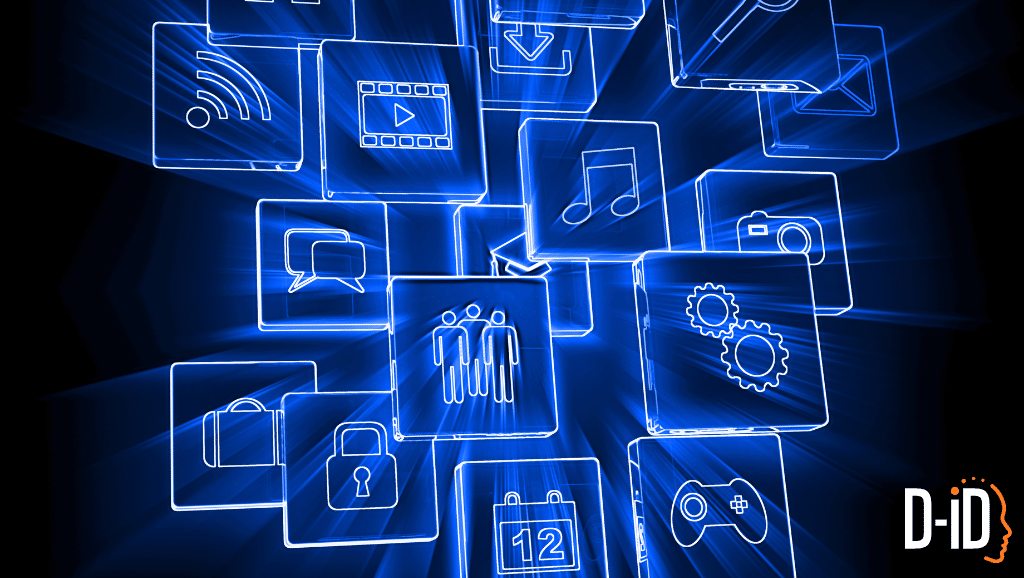 Blue glowing digital icons representing various apps and functions, such as music, security, messages, and gaming, are arranged in a three-dimensional grid on a dark background—showcasing the capabilities of Synthetic Media AI.