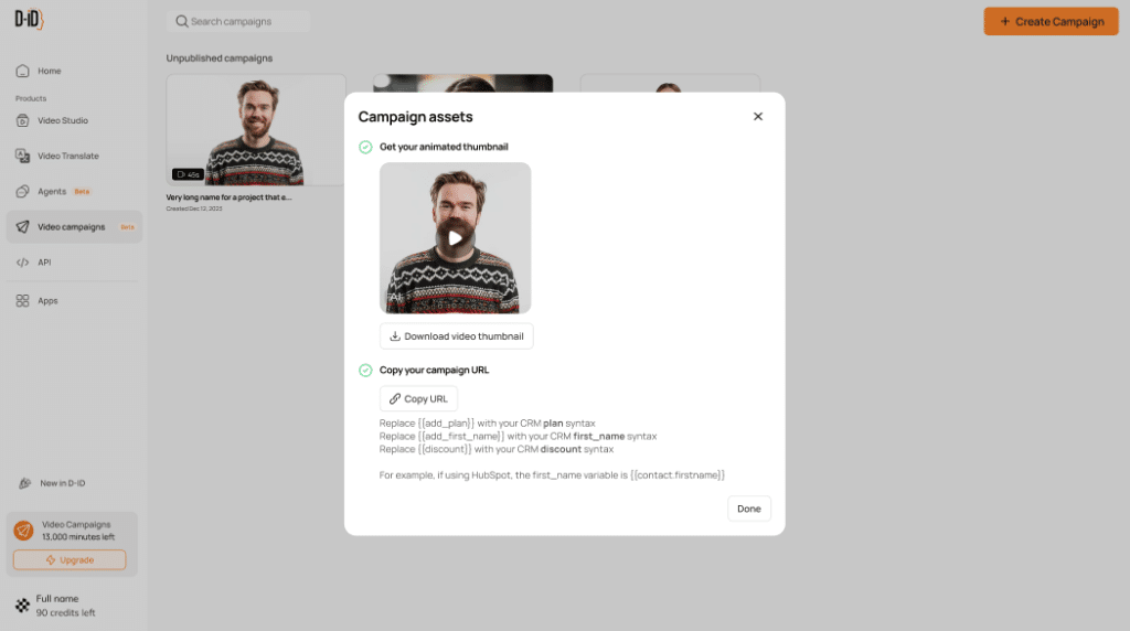publish campaign for blog A campaign assets pop-up shows a video thumbnail of a man in a sweater, with options to download the thumbnail or copy the campaign URL, on a marketing platform interface.