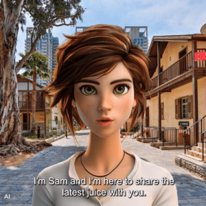 Animated character with short brown hair stands in a sunny outdoor urban setting, saying, "I'm Sam and I'm here to share the latest juice and insights from our Pitango newsletters with you.