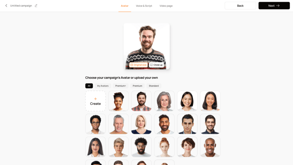 Select an avatar fro blog A web interface for selecting a campaign avatar shows a grid of diverse profile photos, with one avatar selected at the top and options to upload or choose an image.