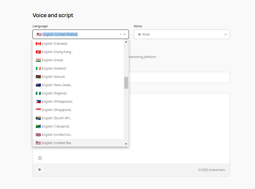 Select voice for blog A dropdown menu displays various English language options by region on a voice and script settings page, with "English (United States)" highlighted.