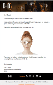 An email from D-ID offering a personalized video gift to a Pro plan user, featuring a woman's face, company branding, and a message from Lital Cohen about their latest Video Campaigns Pilot.